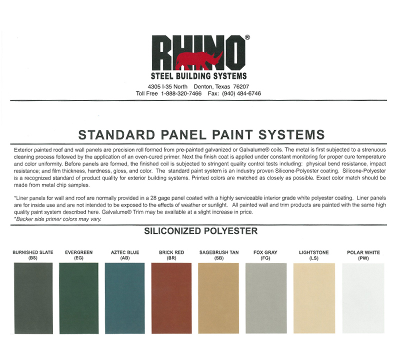 RHINO available steel building panel colors