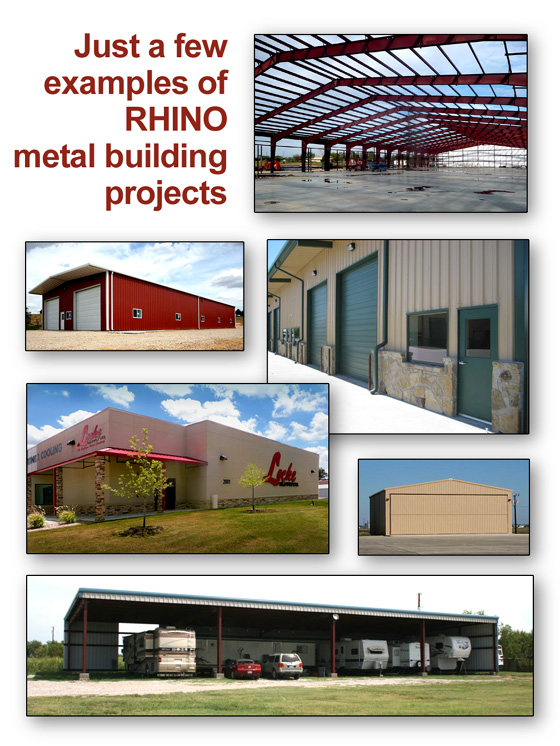 Photo collage of RHINO steel buildings.