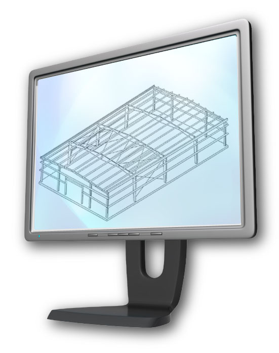 Photo of a computer screen showing a metal building design.