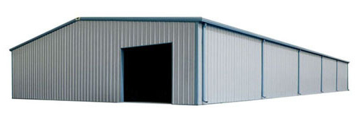 Photo of a gray 60 x 100 metal building with blue trim.