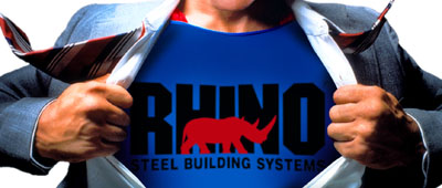 Man hurriedly ripping off shirt reveals a T-Shirt with a RHINO Steel Building System logo