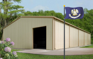 metal buildings in Louisiana with state flag