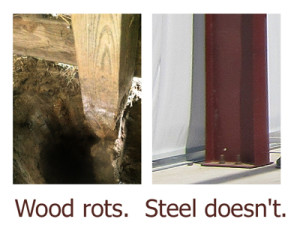 Two photos compare the rotting wood of a pole barn to the rot-proof consistency of steel barns