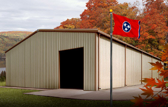 A rural metal building in the fall in Tennessee