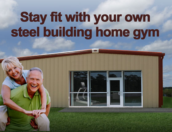 Vibrant older couple stand before their steel building home fitness center
