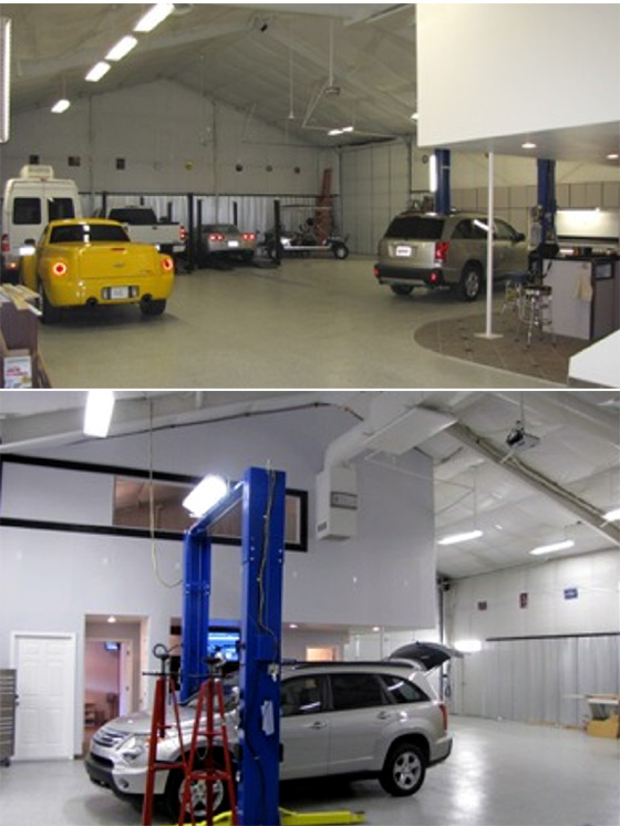 Interior photos of a combination garage, office, workshop steel building.