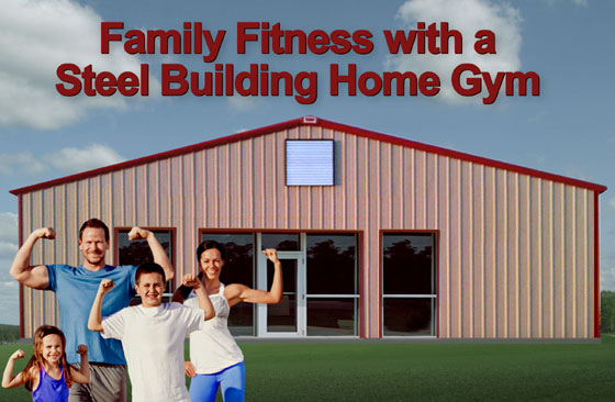 A family of four flexes muscles before their metal building home gym