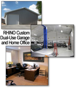 Photos of a combination garage and home office building.
