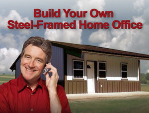 Photo of a smiling man standing before his new metal backyard office building.