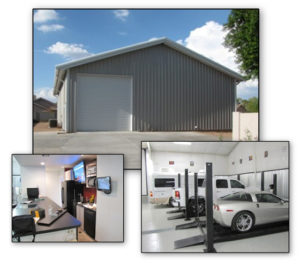 Photos of a RHINO multi-sue storage building and garage with an office and guest room.