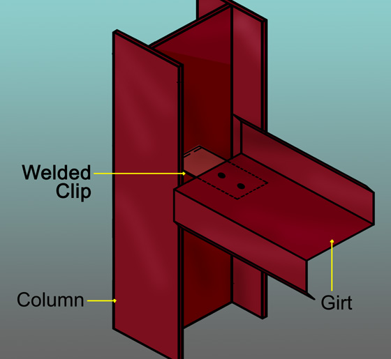 An illustration showing a girt attaching to a steel building column with a pre-welded clip