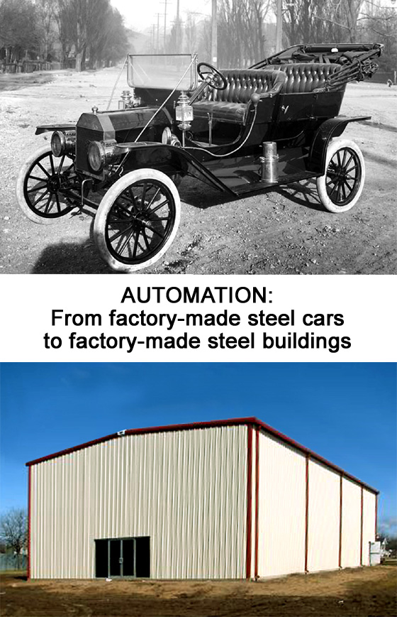 Photos of an antique car and a steel building, comparing the factory-made advantages of each