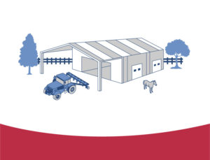 Drawing of a metal barn, tractor, and horse.