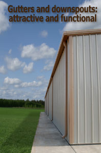 Photo of a RHINO steel building with gutters and downspouts.