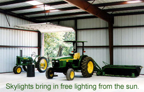 Skylights in the roof of a steel barn