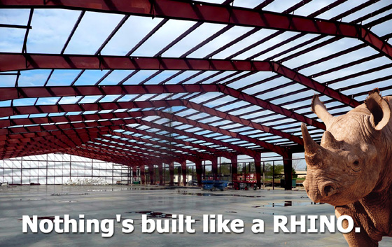 A rhino stands in a massive clear-span steel warehouse under construction, with the heading: "Nothing's Built Like a RHINO."