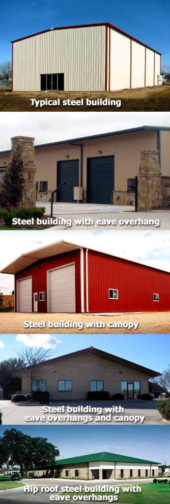 Collage of metal building photos showing various roofline treatments