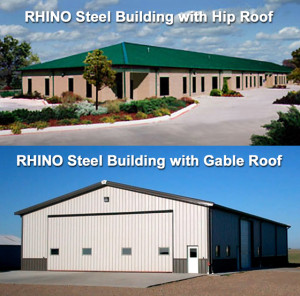 Two photos compare two metal buildings with gable roof and hip roof