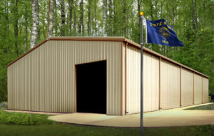 Image of a metal building with the Oregon state flag flying before it.