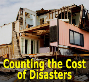 Photo of a destroyed wood-framed building with the heading: "Counting the Cost of Disasters"