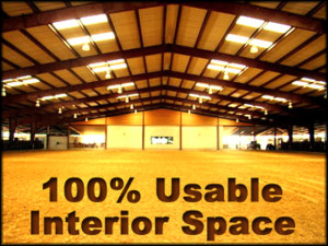 Photo of the interior of a steel building equestrian riding arena with the heading: "100% Usable Interior Space."