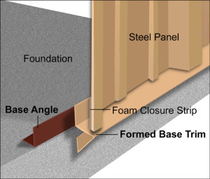 An illustration shows how RHINO's formed base trim and base angle attaches to a slab foundation