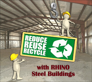 Two cartoon builders with the sign saying "Reduce, Reuse, Recycle with RHINO Steel Buildings"