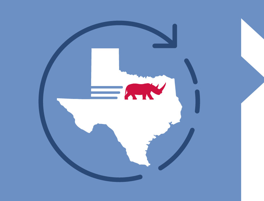 State of Texas outline with an arrow encircling it, and a red RHINO inside