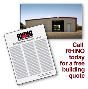 A metal farm building photo and an order form with the headline "Call RHINO today for a free building quote"