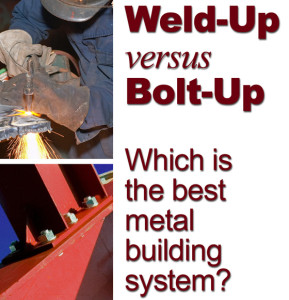 one photo shows welder at work and another shows a close-up of pre-engineered steel building columns bolted together