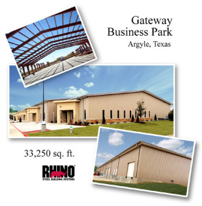 Collage of photos showing the 33,250 sq. ft. Gateway Business Park steel building in Texas