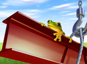 Green frog riding on a red iron steel beam as it is lifted.