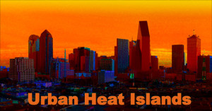 City skyline silhouetted under hot summer sun, with the headline: Urban Heat Islands"