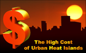Silhouette of a city skyline under a blazing sun, with a headline reading "The High Cost of Urban Heat Islands"