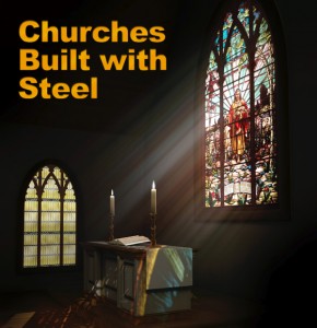 Beautiful stained glass window with the sun streaming through and the headline: Churches Build with Steel Buildings"