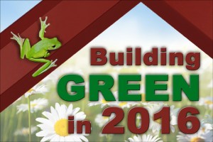 Green tree frog attached to red-iron steel framing looks at the caption "Building Green in 2016"