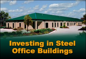Photo of a brick RHINO steel office complex with a green metal roof and the caption "Investing in Steel Office Buildings"