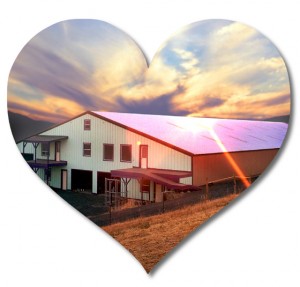 Heart-shaped photo of a huge red-roofed metal barn at sunset