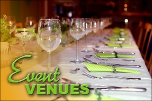 Banquet hall with place settings and the caption "Event Venues."