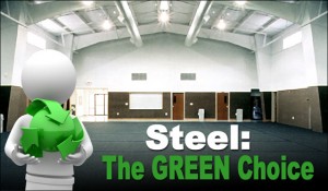 Cartoon man with a green globe stands before a steel building recreational facility