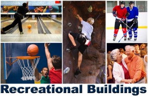 Collage of sports and activities in recreational buildings
