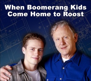 Father and son pictured before background of blueprints with heading "When Boomerang Kids Come Home to Roost"