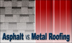 Side-by-side comparison of asphalt shingles and ribbed metal roofing