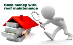 Cartoon figure examines a red roof over a large stack of money, with the headline "Save Money with Roof Maintenance"