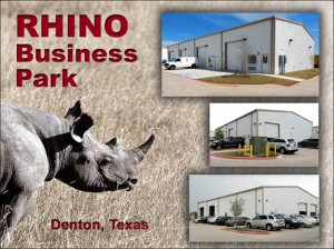 Three photos of various industrial metal buildings in Denton, Texas' RHINO Business Park