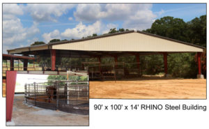 A 90' x 100' open-air steel structure covers this equestrian exercise ring.