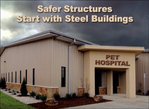 Attractive metal building pet hospital beneath a dark, stormy sky with the headline "Safer Structures Start with Steel Buildings"