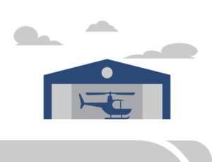 Graphic drawing of a helicopter inside a steel hangar.