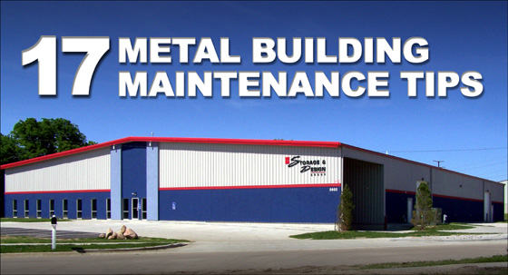 Large red, white, and blue industrial metal building with the headline "17 Metal Building Maintenance Tips"