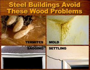 Photos show common wood building problems with termites, mold, sagging garage door openings, and cracked walls